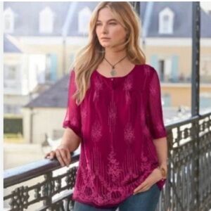 Sundance Catalog Cora Embroidered Tunic Top boho Pink Red burgundy size small